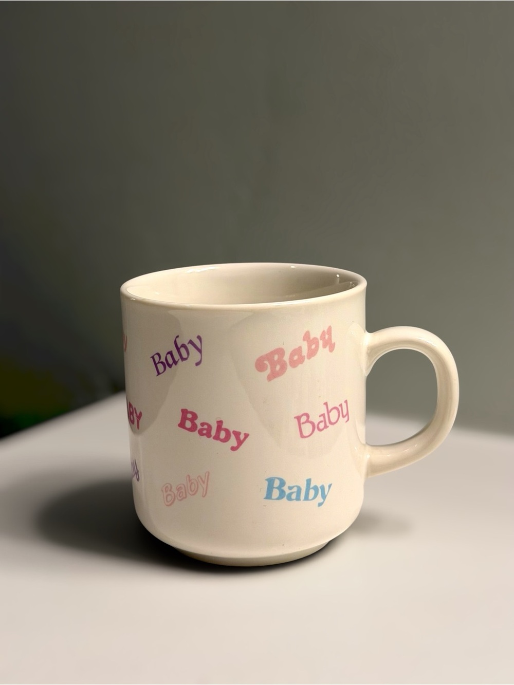 Vintage 80’s Russ Berrie Baby Typography Ceramic Mug Pastel Pink Purple Blue